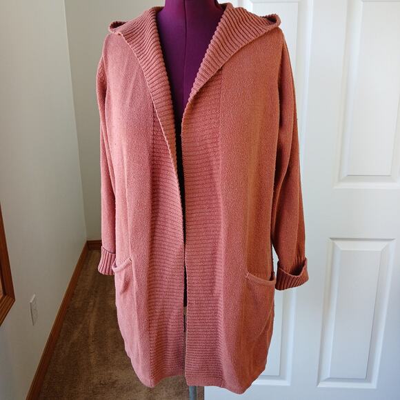 Tahari Hooded Orange Cardigan Sweater 1X pockets open front wrap long duster - Picture 5 of 12